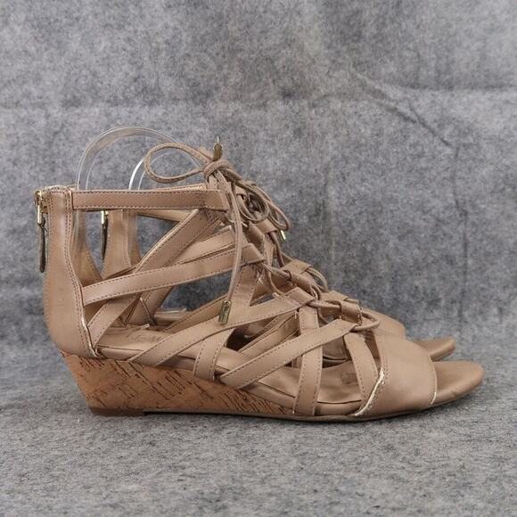 Franco Sarto Shoes Womens 6 Sandal Wedge Fashion Lace Up Zip Brixie Tan Open Toe - Picture 2 of 15